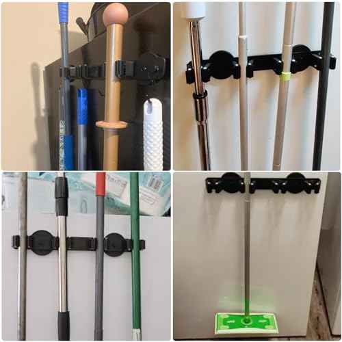 Magnetic Mop Broom Holder,Heavy Duty Movable Magnetic Wall Mount Tool Racks,No Drilling Utility Storage Shovel Hanger for Garage,Closet,Garden,Kitchen,Laundry (4 Hooks 3 Grippers,Black)