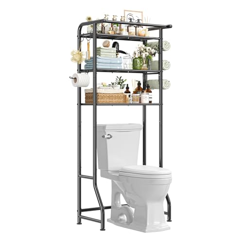 Simple Trending Over The Toilet Storage Cabinet, Metal Bathroom Shelf Organizer with Paper Holder and Hooks, 3 Tier, Black - color: Black