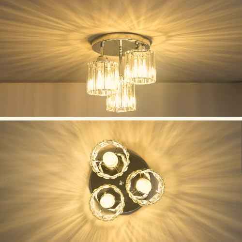Crystal Ceiling Light Fixture, Chrome Semi Flush Mount Ceiling Light Fixture, 3-Light Hallway Lighting with Clear Crystal Shades for Kitchen Entryway Bedroom Bathroom Foyer, E26