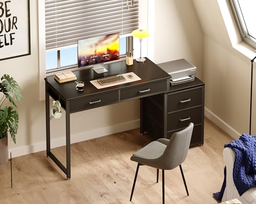 ODK Computer Desk with 5 Drawers, 53 Inch Office Desk with Printer Shelf, Reversible Gaming Desk for Home Bedroom, Writing Table Desk with Headphone Hook for Storage, Black - color: Black