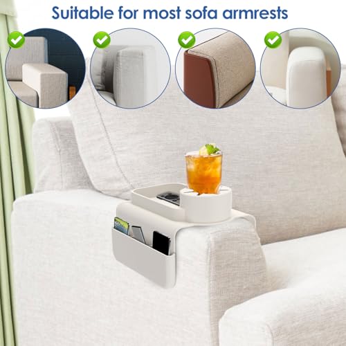 Silicone Sofa Armrest Tray with Dual Side Pockets, Anti-Slip Couch Cup Holder, Silicone Armchair Cup Holder for Drinks, Phone & Snacks, Arm Organizer for Living Room, Recliner, Car (White) - color: White