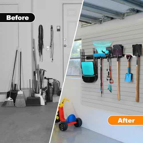 Garden Tool Organizer - Garage Storage Organization Wall Mount 48 Inches, 440lbs Adjustable Heavy Duty Metal Hooks,Yard Shed Organizer Rack Holder System Hanging Rake Broom Mop with 6 Adjustable Hooks