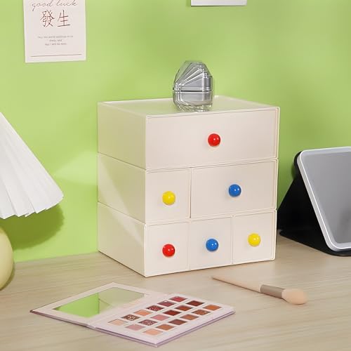 Desktop Storage Drawers, Plastic Desk Organizer with 6 Drawers, Modular Stackable Toolbox Units for Office Stationary, Makeup Container, Bathroom Countertop (3 Tiers, Cream) - color: 3 Tall Layers & 6 Drawers, Cream