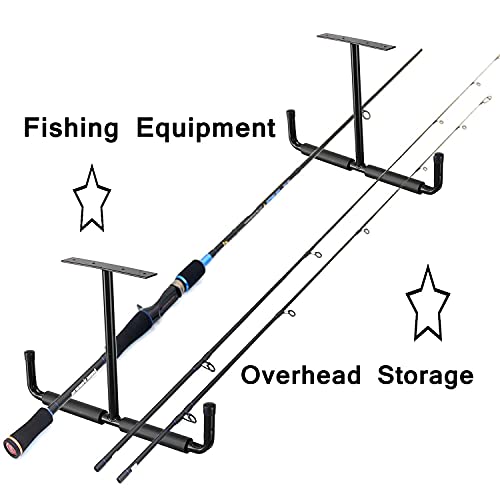 Overhead Garage Storage Hooks Rack Ceiling Mounted, Heavy Duty Utility Hooks Ladder Hangers for Pipe, Lumber, Fishing Rod and Ski Board | 4 Pack Black