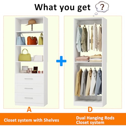 Closet System with 3 Drawers, 4FT Wood Closet Organizer System with 4 Hanging Rods&Adjustable Shevles, 81"Tall Modular Walk In Closet System, Standalone Closet System System, 2 Set,White