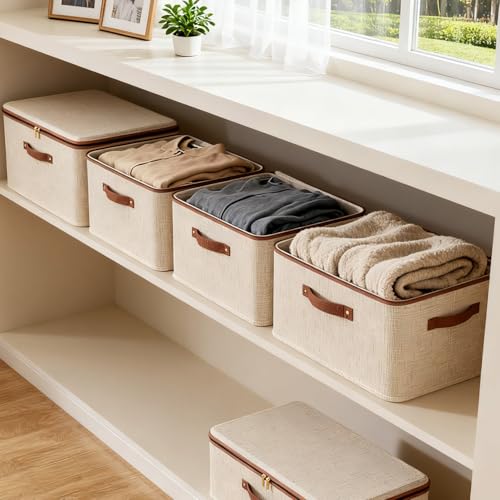 Tuza 3 Pcs Rigid Storage Bins with Zipper Lid, Cotton Linen Fabric Storage Boxes, Foldable Shelves Clothes Storage Cubes with Handles for Wardrobe, Closet(Beige, 25L) - size: L-25L