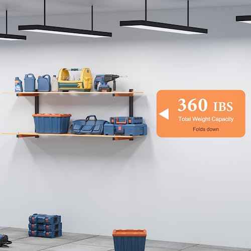 Lumber Rack Heavy Duty Wood Racks Wall Mount Folding Lumber Storage Racks with 3-Level Holds Up 360 LBS Sturdy Folding Garage Wood Organizer Orange Shelving Metal Shelf for Indoor & Outdoor- 2 Pack