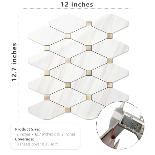 STICKGOO 1 Sheet Peel and Stick Backsplash, Polished Dolomite PVC Mixed Metal Gold Kitchen Backsplash, Stick on Backsplash Wall Tiles for Kitchen, Bathroom, RV