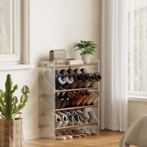 Shoe Rack, 4-Tier Slanted Shoe Storage Shelf, Narrow Shoe Rack for Entryway, Solid Wood and Acrylic Shoe Stand, Slim Shoe Shelf with Wooden Top ,Suitable for Bedrooms and Living Rooms - size: 72