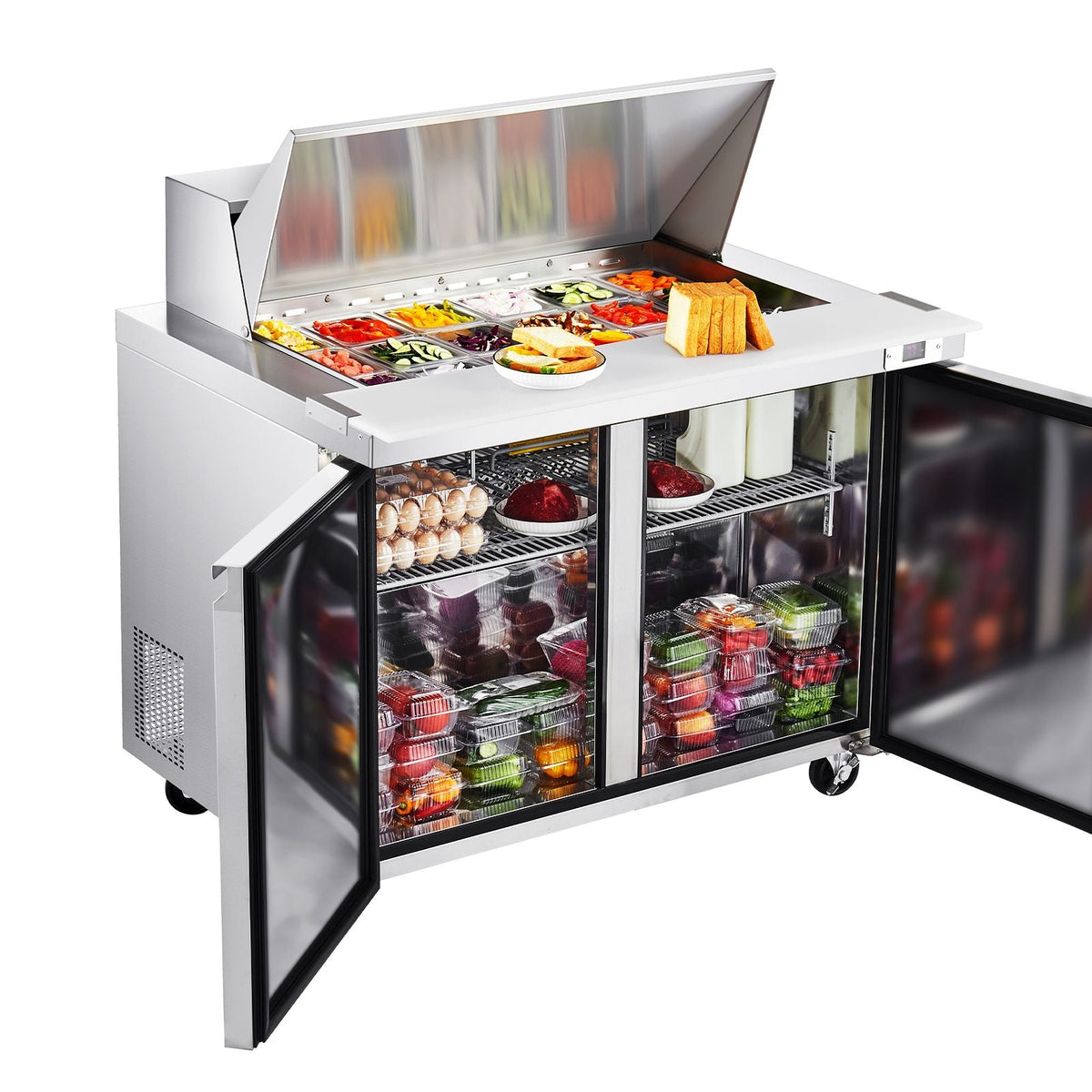 48"W Commercial Refrigerator, 12.5 Cu. Ft Sandwich Prep Refrigerated Table, Mega Top Food Prep Fridge with 18 Pans and Cutting Board, Stainless Steel Salad Prep Cooler for Restaurant, Food Truck