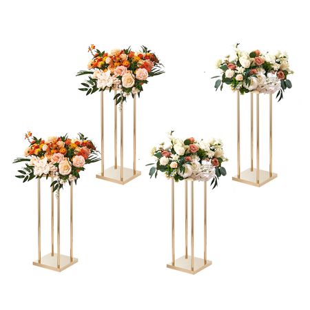 4PCS Gold Metal Column Wedding Flower Stand, 23.6inch High With Metal Laminate, Vase Geometric Centerpiece Stands, Cylindrical Floral Display Rack for Events Reception, Party Road Leads