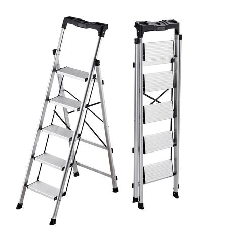5 Step Ladder, Folding Step Stool with Wide Anti-Slip Pedal and Comfort Handgrip, 330 lbs Capacity Portable Aluminum Stepladder, Multi-Use for Kitchen, Warehouse, Household and Office, Silver