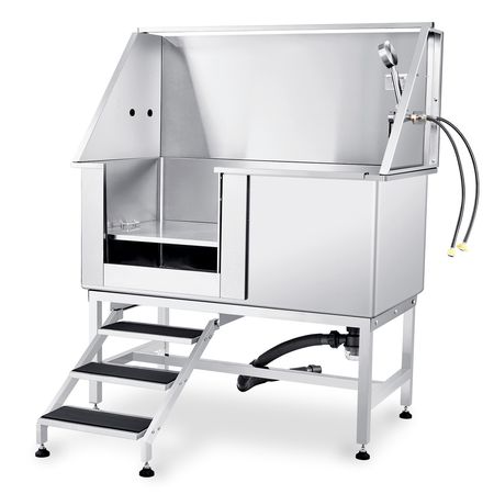 50" Pet Dog Bathing Station w/Stairs, Professional Stainless Steel Dog Grooming Tub w/ Soap Box, Faucet,Rich Accessory, Dog Bathtub for Large,Medium,Small Pets, Washing Sink for Home Left