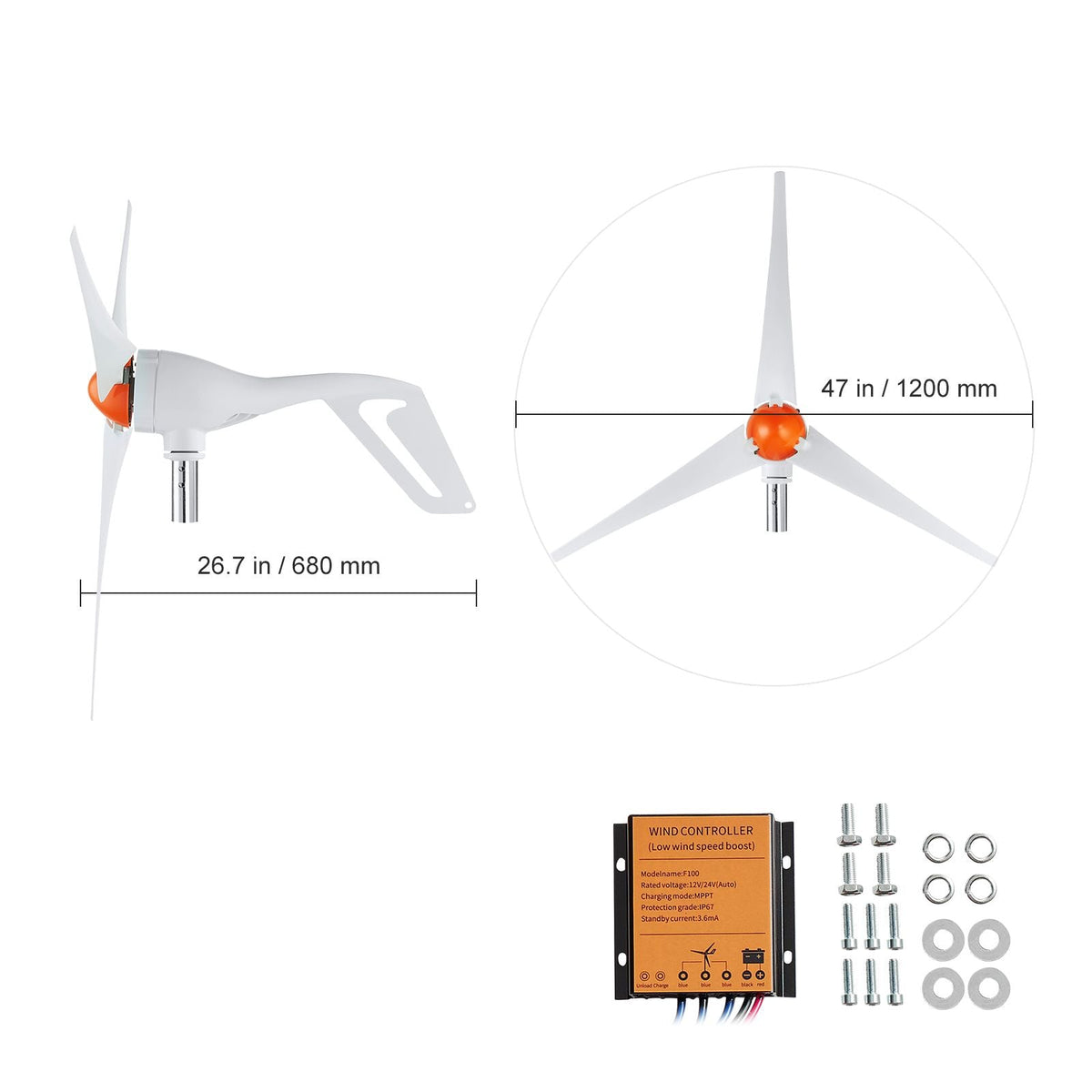 500W Wind Turbine Generator, 24V Wind Turbine Kit, 3-Blade Wind Power Generator with MPPT Controller, Adjustable Windward Direction & 2.5m/s Start Wind Speed, Suitable for Home, Farm, RVs, Boats