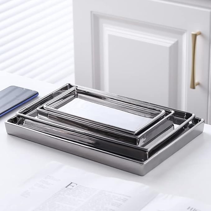Jewelry Dish Tray Ceramic Trinket Tray Rectangte Vanity Makeup Mirror Tray Silvery
