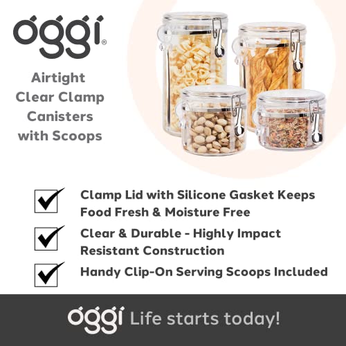 OGGI Clear Canister Airtight 38oz - Clamp Lid & Spoon - Airtight Food Storage Containers, Ideal for Kitchen & Pantry Storage of Bulk, Dry Food Including Flour, Sugar, Coffee, Rice, Tea, Spices & Herbs - size: 38 Fluid Ounces