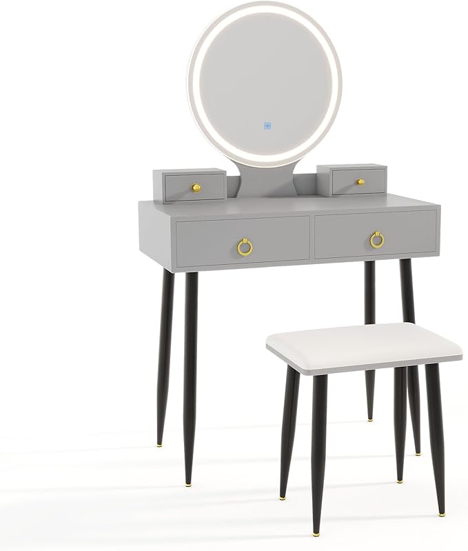 CHARMAID Vanity Desk with Mirror and Lights, Makeup Vanity with 4 Storage Drawers, 3 Lighting Modes, Adjustable Brightness, Modern Vanity Dressing Table with Stool for Bedroom, Gray & Black
