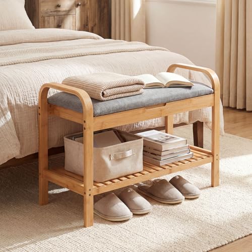 Giantex Small Entryway Bench with Storage, 2-Tier Bamboo Shoe Rack Bench with Flip Top Storage Space and Padded Cushion, Shoe Organizer for Entryway, Living Room, Hallway, Bedroom,Natural - size: 13"D x 24"W x 22"H(With Flip-Top Storage)
