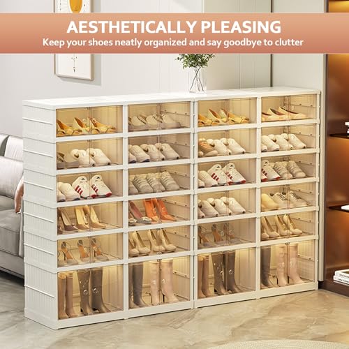 SYNCVIBE Shoe Rack Organizer for Closet Entryway Foldable Sneaker Storage Shoe, Collapsible Shoe Cabinet, Stackable Shoe Storage Cabinet with Lids for Living Room (6 Tiers 24 Pairs) - size: 6 Tiers -24 Pairs
