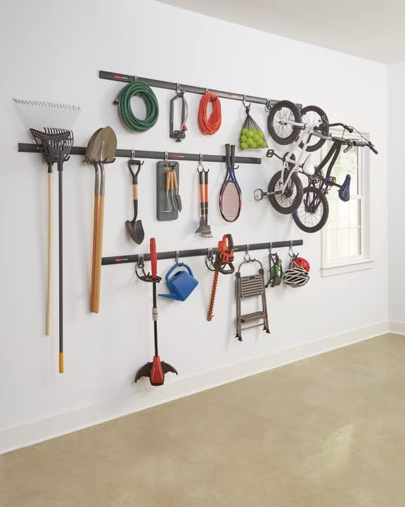 Rubbermaid 24-Piece FastTrack Garage Wall-Mounted Storage Kit, 6 Rails and 18 Hooks, Black, for Home/House/Tool/Sports/Equipment/Utility Purposes