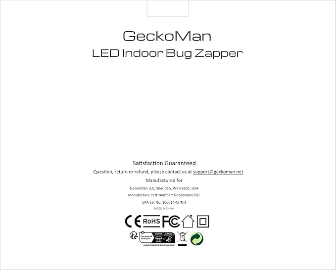 GeckoMan LED Indoor Bug Zapper Indoor Fruit Fly Trap for Indoors Mosquito Zapper Fly Zapper, Energy-Saving Max-Attract Hybrid-Spectrum Tube • 10-Yr Life, Enhanced High-Volt Instant Kill