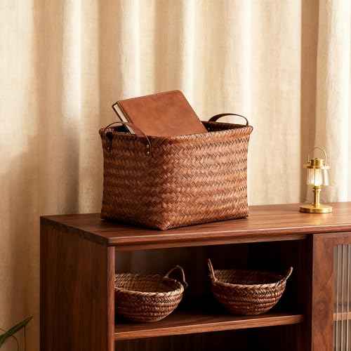 15L Laundry Baskets Waterproof Storage Baskets For Shelves Large Laundry Hamper With Leather Handle -set of 4 Cube Organizers Woven Bins for Bathroom,Bedroom,Pantry,Clothes,Car & Towels-Brown
