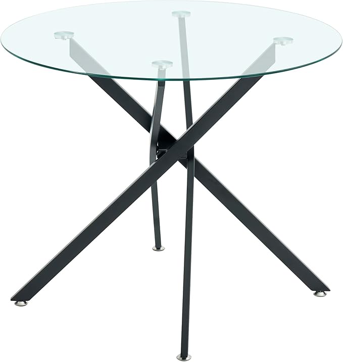 36" Round Glass Dining Table Modern Kitchen Glass Top Table for 4 with Black Metal Legs, Clear Dining Table Kitchen Table for Home Office Dining Room