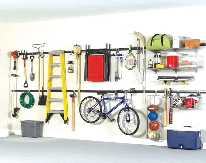 Rubbermaid 20-Piece FastTrack Garage Wall-Mounted Storage Kit 5 Rails and 15 Hooks for Home/House/Tool/Sports/Utility Purposes