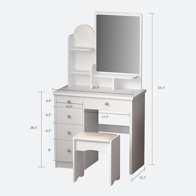 ECACAD Vanity Desk Set with Large Mirror, Makeup Vanity Dressing Table with 5 Drawers, Storage Shelves and Cushioned Stool for Bedroom, White