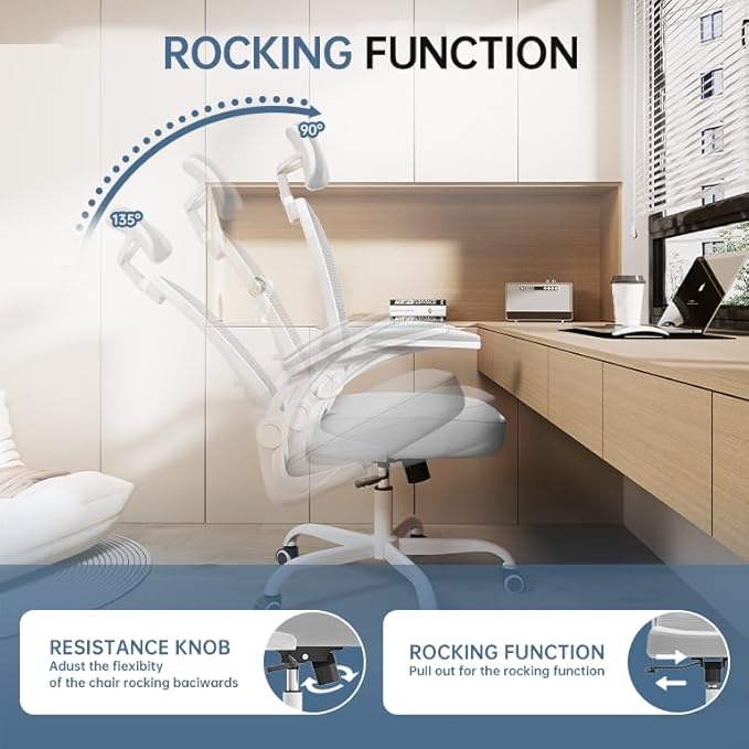 Office Chair Ergonomic Desk Chair, 330LBS Capacity, High Back Computer Chair for Long Hours Comfortable, Rolling Swivel Chair for Home Office, Flip-up Armrests,White+Grey