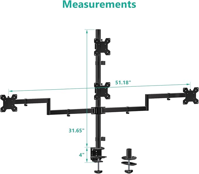 WALI Quad Monitor Mount for 13-27 Inch Screens, Fully Adjustable 4 Monitor Stand with Swivel, Tilt, Rotation, Clamp & Grommet Base Kit, Max Load 22lbs per Screen (M004S), Black