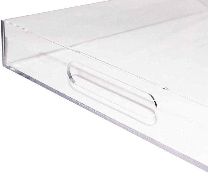 Durable Rectangular Breakfast Serving Tray - 5MM Thick Waterproof Acrylic Serving Platter with Handles for Coffee, Tea, Food - Elegant Decorative Tray (Clear Tray-16''x12'')