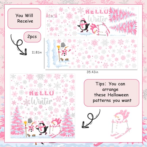 Kreatwow 2Pcs Pink Winter Wall Stickers Hello Winter Wall Decorations Pink Snowflake Snowman Themed Walls Clings Let It Snow Party Decor Snowflake Penguin Party Decal for Xmas Christmas Home Decor