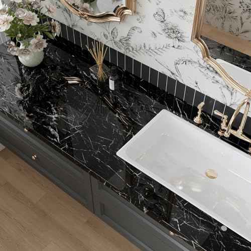 CRE8TIVE Black Marble Contact Paper for Countertops Waterproof Glossy Marble Wallpaper Peel and Stick Countertops Self Adhesive Removable Marble Vinyl Roll for Cabinets Table Tops Shelf Liner 12"x80"