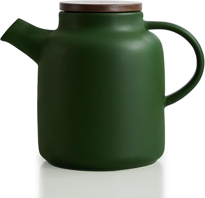 Yundu 1500ml / 50 oz Ceramic Teapot with Infuser & Wood Lid - Matte Black, Loose Leaf Tea Pot with Removable Strainer, Large Capacity