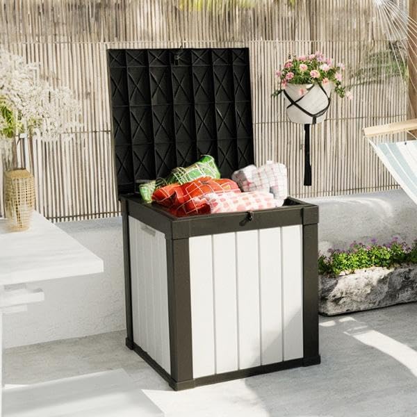 51-Gallon Outdoor Deck Box,Storage Lockable Waterproof Patio Furniture,Garden Tools,Cushions,Pool Accessories Outside Storage Resin Box(Black and White)
