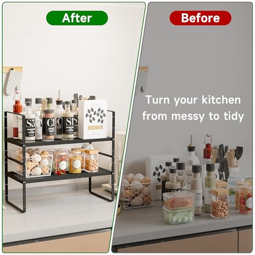 Expandable Kitchen Cabinet Shelf Organizer Rack Heavy Duty Metal Spice Rack Stackable Kitchen Counter Storage Shelf for Kitchen Cabinet Pantry Bathroom (Black - 16.5"-27" L x 8" W x 9.6" H - 2Pack) - color: Black - 16.5"-27" L x 8" W x 9.6" H - 2Pack