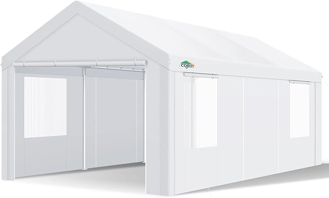 COBIZI Carport Canopy 12x20 Heavy Duty Portable Garage with Removable Sidewalls & Doors, Galvanized Frame Car Port Canopy Tent with Built-in Sandbags & All-Season Tarp for Car Boat Truck, White