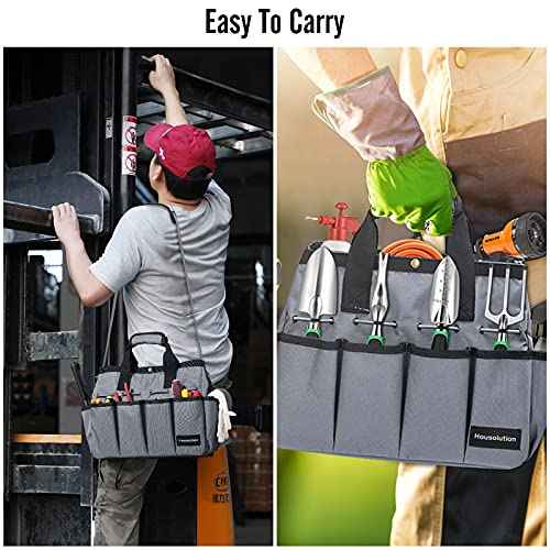 Housolution Garden Tote Bag, 900D Gardening Tool Bag, Garden Tote Storage Bag with Pockets & Long Adjustable Shoulder Strap, Home Tools Organizer Garden Tool Kit Holder, Standable, 14 Inch, Gray