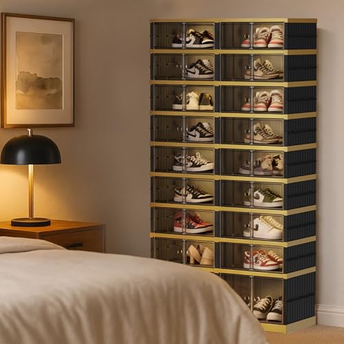SYNCVIBE Shoe Rack Organizer for Closet Entryway Foldable Sneaker Storage Shoe, Collapsible Shoe Cabinet, Stackable Shoe Storage Cabinet with Lids for Living Room (9 Tiers -36 Pairs Black Gold) - size: 9 Tiers -36 Pairs Black Gold