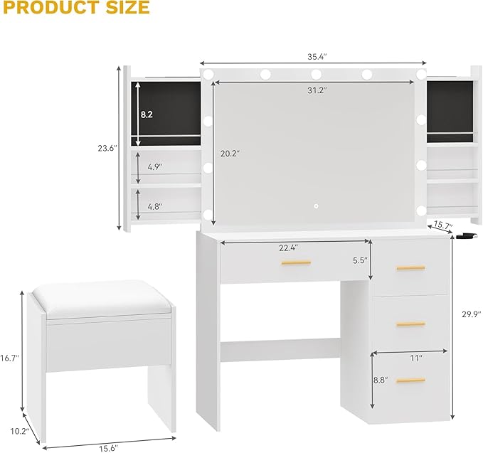 DWVO Vanity Table Set with Lighted Mirror and Stool, Makeup Desk with Power Outlets and 4 Drawers, Stylish Dressing Table