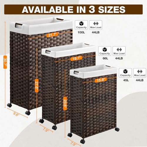 Greenstell Laundry Hamper with Wheels & Handles, 26.4 Gallon (100L) Slim Laundry Basket with 2 Removable Liner Bags & 2 Mesh Bags, Foldable Narrow Clothes Hamper for Bedroom, Bathroom, Closet, Brown - color: Brown, size: 100L (21.7 x 9.8 x 30.7 inches)
