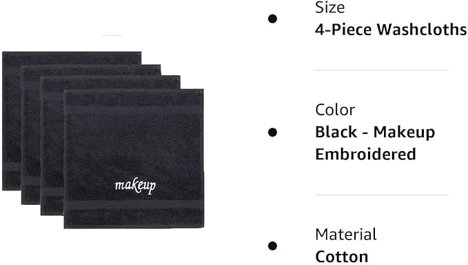Chakir Turkish Linens | Hotel & Spa Quality 100% Cotton Premium Turkish Towels | Soft & Absorbent (4-Piece Washcloths, Black - Makeup Embroidered)