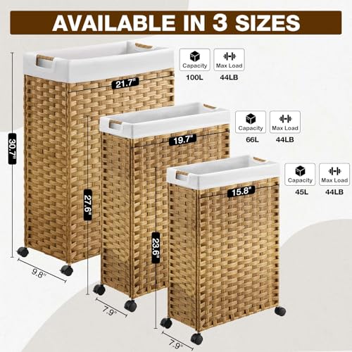 Greenstell Laundry Hamper with Wheels & Handles, 26.4 Gallon (100L) Slim Laundry Basket with 2 Removable Liner Bags & 2 Mesh Bags, Foldable Narrow Clothes Hamper for Bedroom, Bathroom, Closet, Natural - color: Natural, size: 100L (21.7 x 9.8 x 30.7 inches