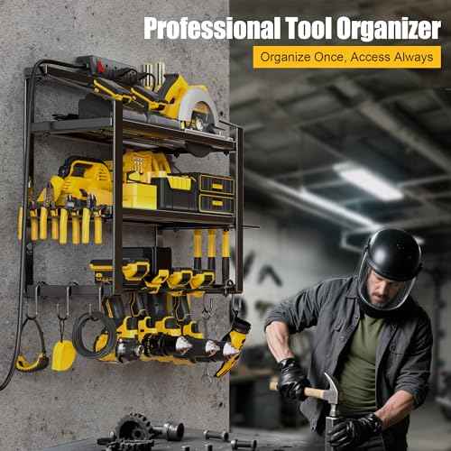 Power Tool Organizer With Charging Station, Heavy Duty Steel 4 Slots, Tool Battery Holder with 4 Outlet Power Strip, Easy To Install Garage Storage Rack for Workshop/Shed Gift For Men