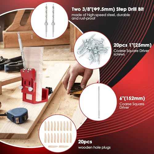 Pocket Hole Jig Kit, Adjustable Aluminum Pocket Hole System, Portable Screw Jig Set Guides Joint Carpentry Locator Woodworking Tools with Wooden Hole Plugs