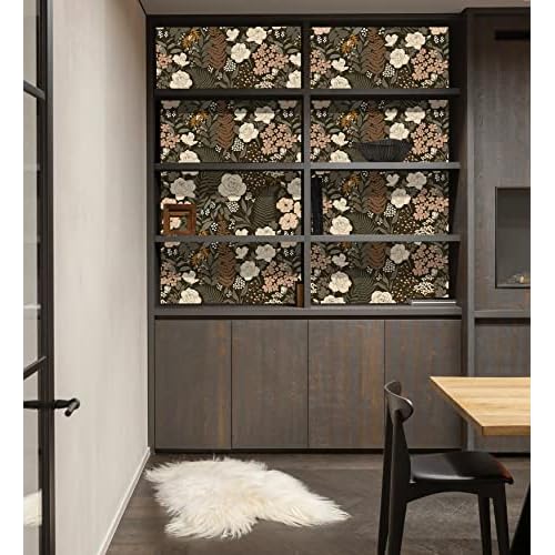 HAOKHOME Peel and Stick Wallpaper Floral Vintage Removable Rose Leaf Black/Brown/Beige Stick on Mural 17.7in x 6.6ft
