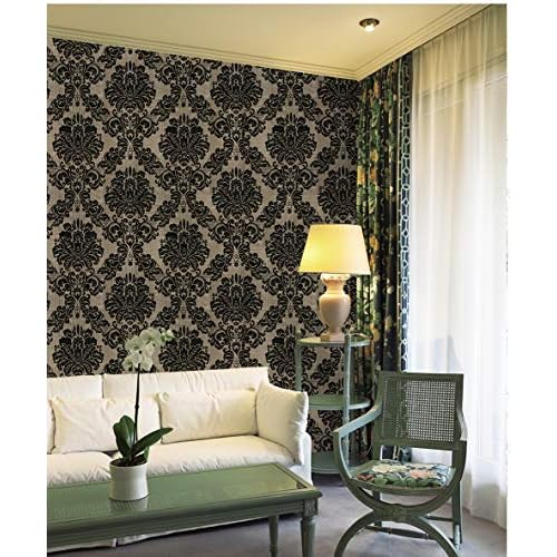 JLHOUSE Vinyl Victorian Damask Wallpaper Stick and Peel - self Adhesive Wallpaper Brown/Black Removable Paper for Bedroom Living Room Walls -17.7inch x 118inch/Roll