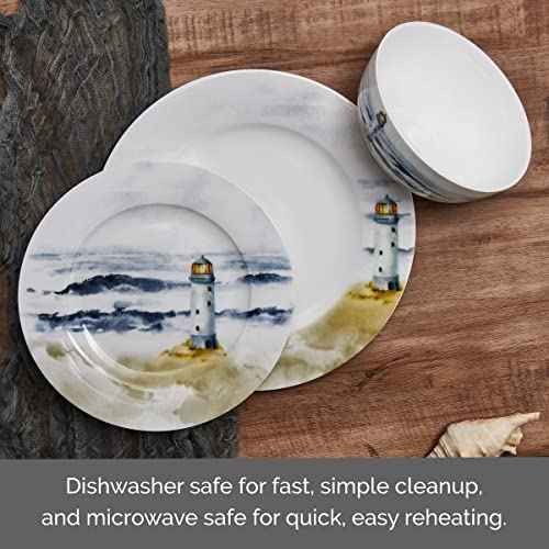 Mikasa Seaside Coastal Bone China Lightweight Chip Resistant 12 Piece Dinnerware Set, Service for 4