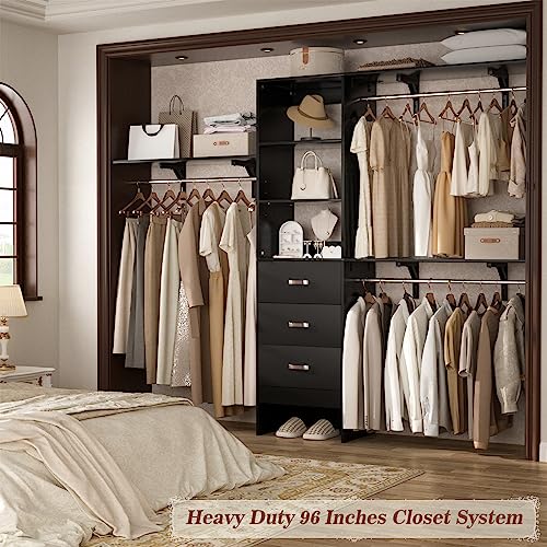 iSunirm 8FT Closet System, 96'' Closet Organizer System with 3 Hanging Rods, Wall Mount Bedroom Wardrobe with 3 Drawers Walk-in Closet, Adjustable Cloth Garment Rack from 5 to 8FT (Cut to Fit), Black - color: Black